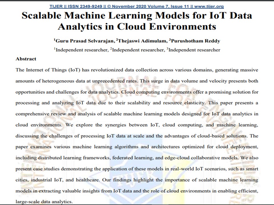 Article: Scalable Machine Learning Models for IoT Data Analytics in Cloud Environments