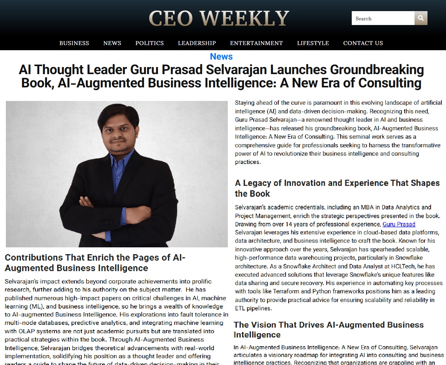 Article: AI Thought Leader Guru Prasad Selvarajan Launches Groundbreaking Book, AI-Augmented Business Intelligence: A New Era of Consulting